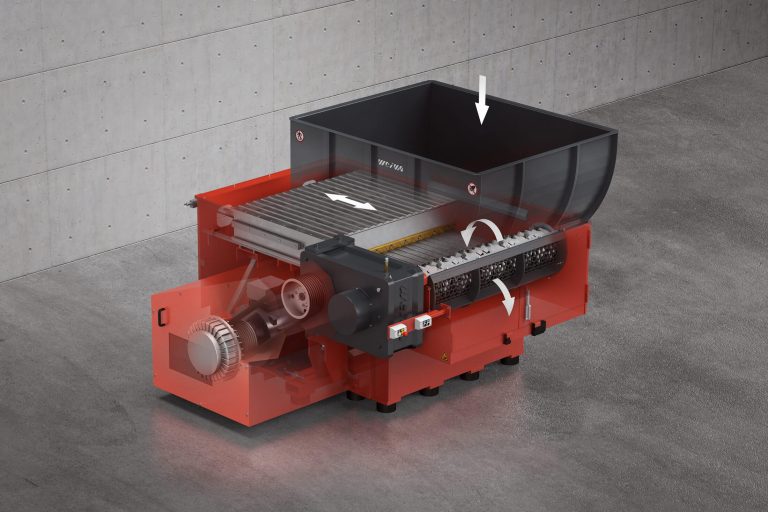 Rendered image of the WEIMA WLK 1500 single-shaft shredder with X-ray view of the machine components