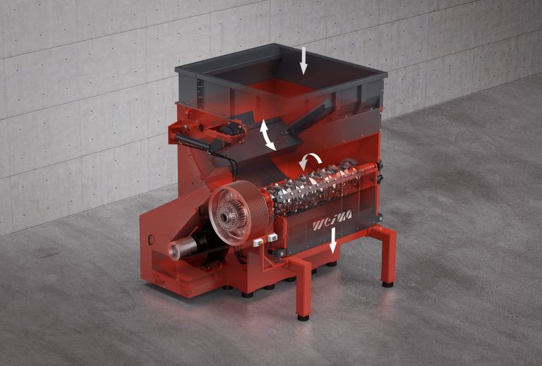 Gerendertes Bild des Einwellenzerkleinerers WEIMA WKS 1800 mit Röntgenansicht der Maschinenkomponenten