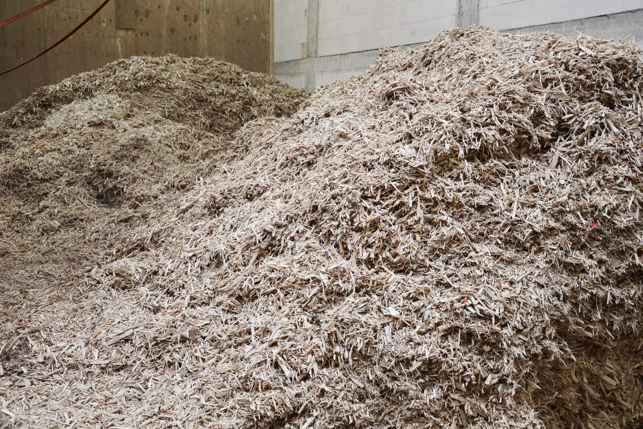 Hackschnitzel werden nach der Palettenzerkleinerung auf einem Haufen gesmmelt.