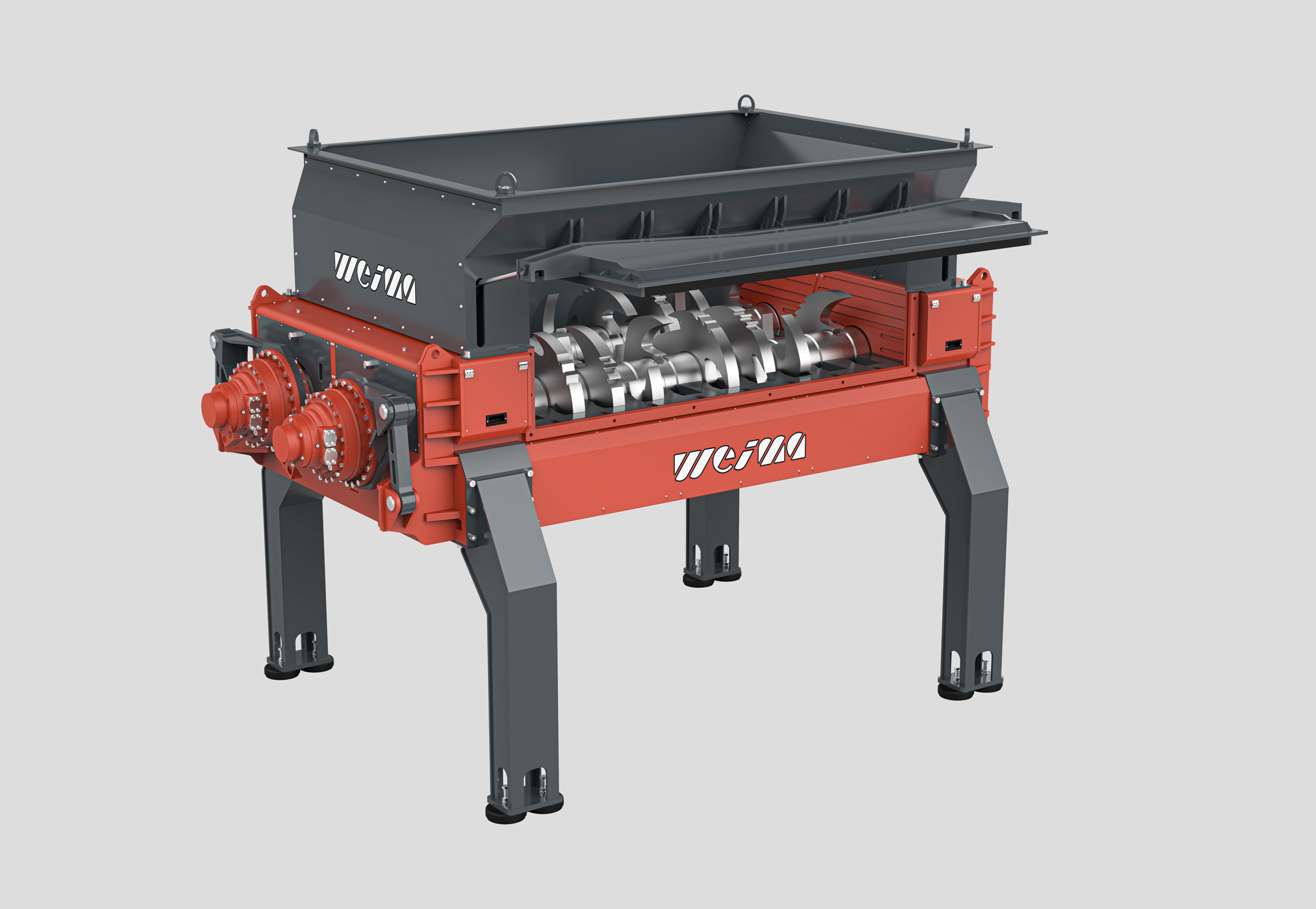 Geöffnete Wartungsklappe beim M8 Zweiwellen-Zerkleinerer von WEIMA