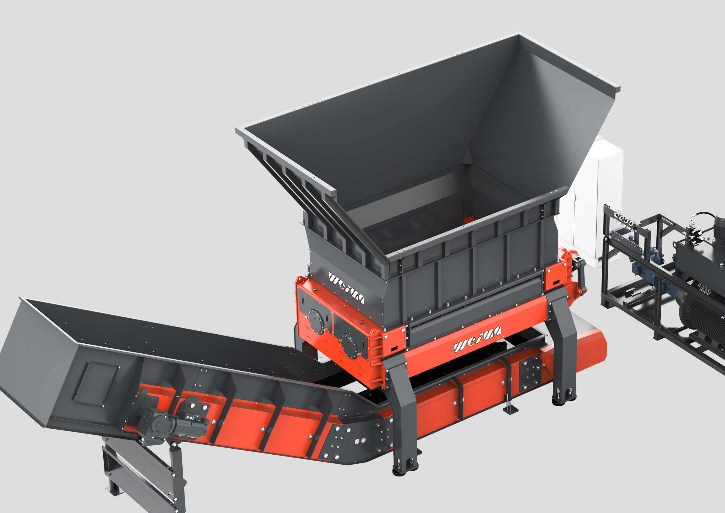 WEIMA M8 Zweiwellen-Shredder mit Austragsförderband, Trichtererweiterung und PowerPack