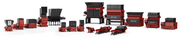 16 orangeren WEIMA Schredder nebeneinander mit verschiedenen Größen