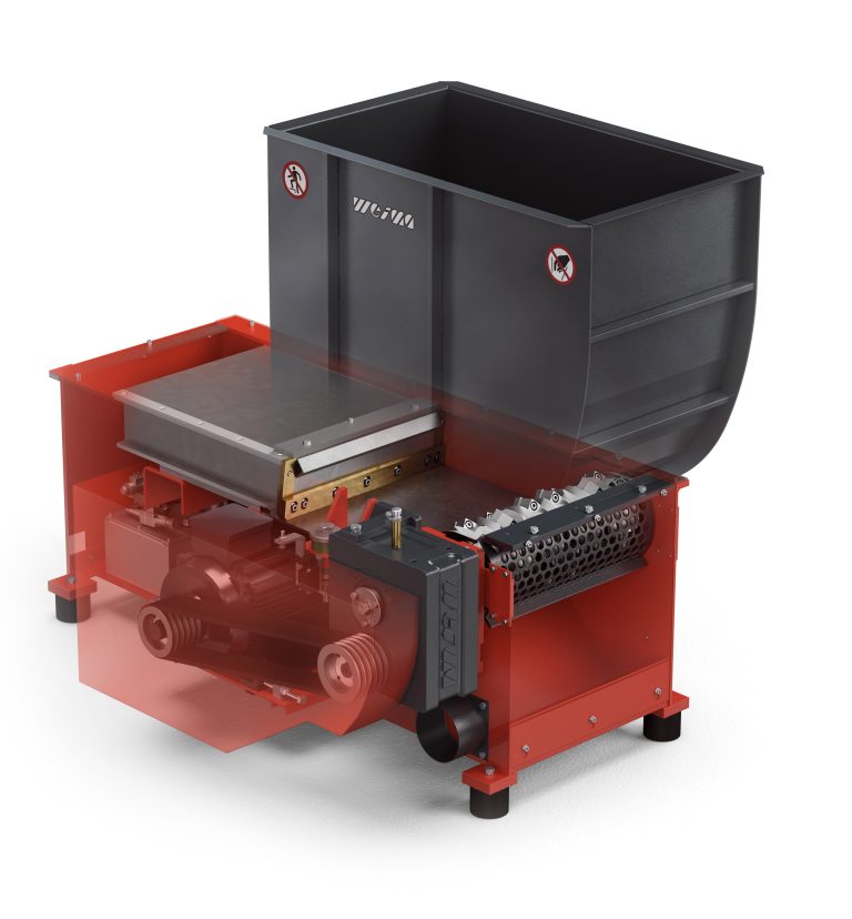 WL 4 single-shaft shredder from WEIMA inside view on rotor, ram and drive