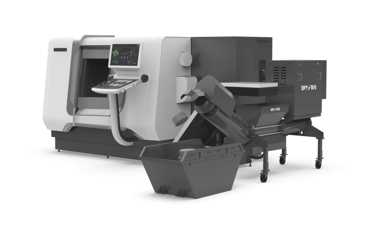 Eine WEIMA-Presse steht unter dem Späneförderer einer zerspanenden Bearbeitungsmaschine.