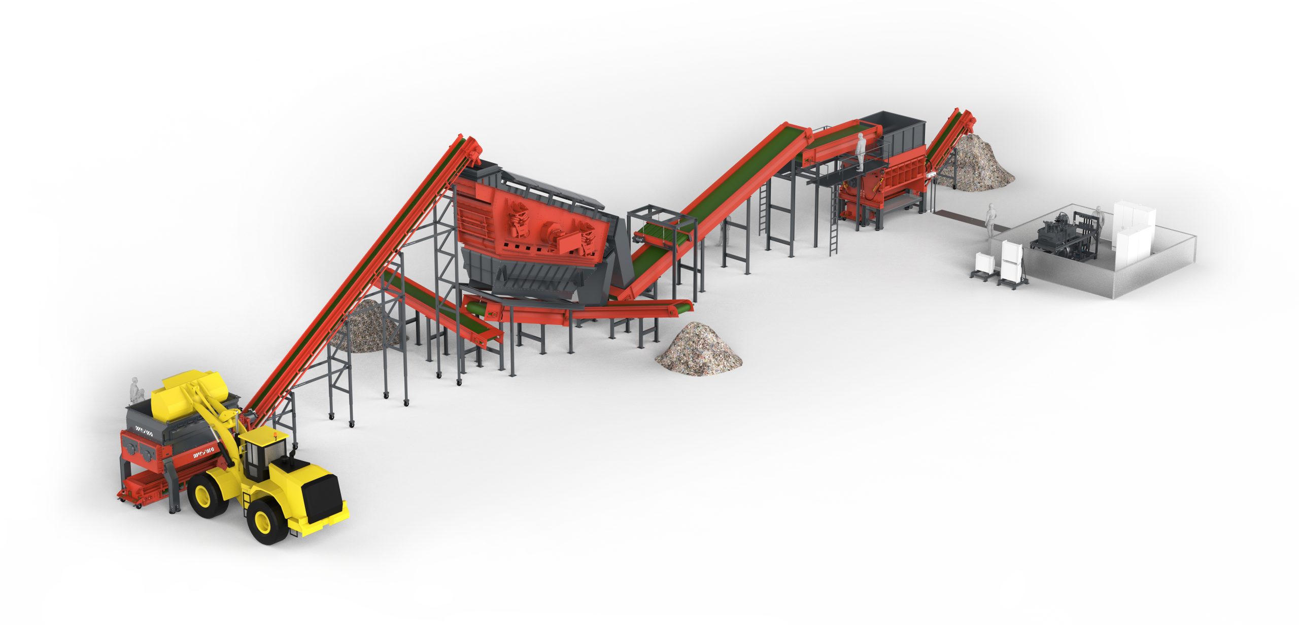 schaubild einer abfallaufbreitungsanlage mit weima vorzerkleiner, sortiertechnik und nachzerkleinerer