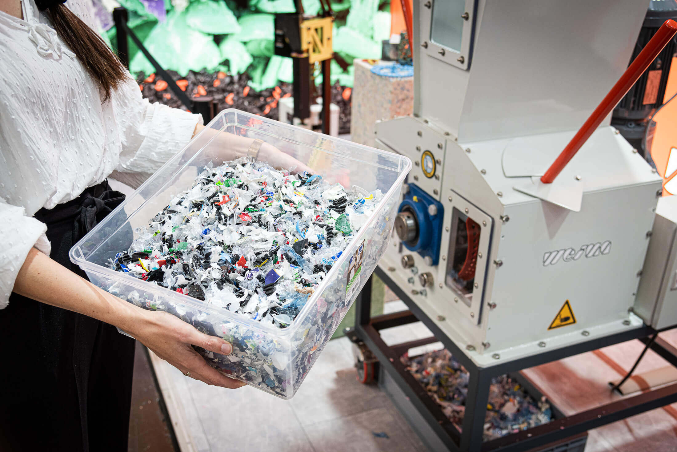 shredder plastic flakes in a box