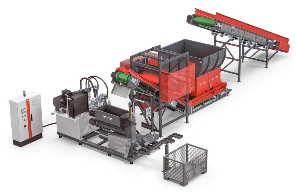 WEIMA shredder and briquette press with conveyor belt and control cabinet