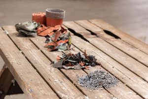 Different material states of flower pot recycling process from raw material to granules.