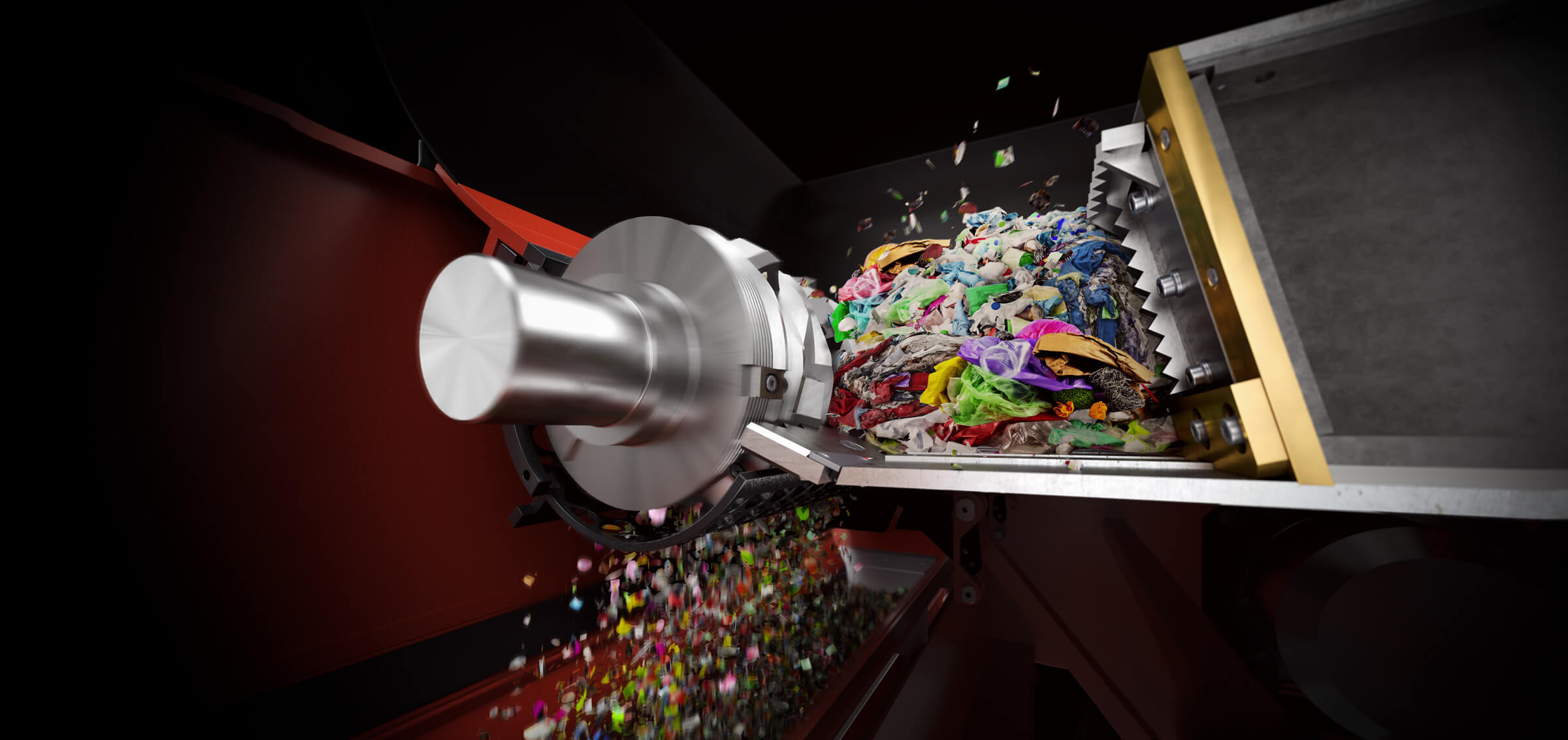 Seitenansicht Abfallschredder Schneidprozess mit Rotor und Kunststoff Abfällen