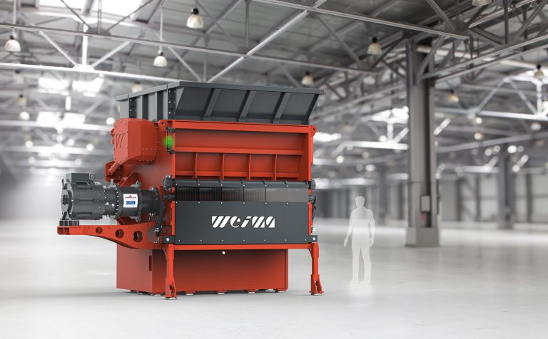 A rendering of an orange-red machine from WEIMA stands in an industrial hall