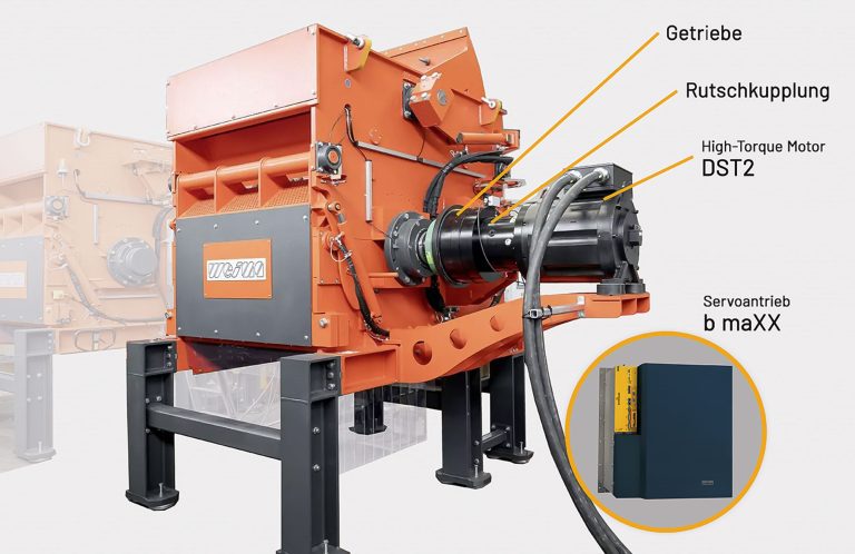 WEIMA shredder with PowRex drive system from Baumüller and Nidec DESCH Tevox.